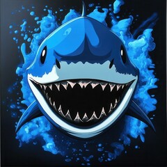 Naklejka premium Cartoon great white shark with big teeth and a splash of blue water surrounding the cartoon shark art illustration