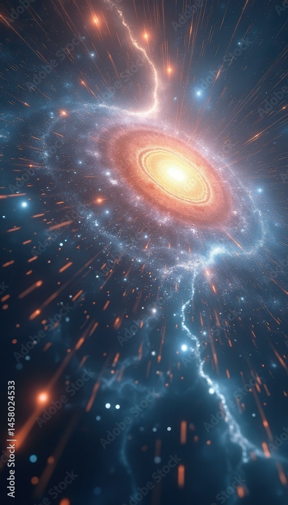 Poster Cosmic Dance: A Captivating Galaxy Formation with Luminous Trails and Ethereal Nebula, Ideal for Science and Fantasy Concepts