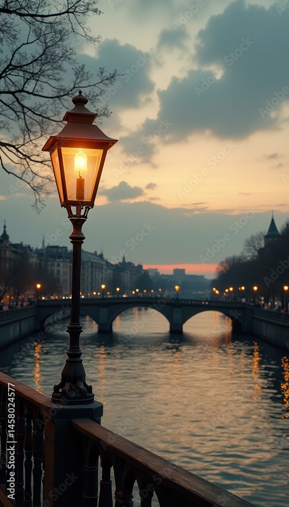 Poster Serene Evening Scene: Illuminated Gas Lamp Reflecting on Calm River with Arched Bridge in Background