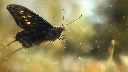 Obraz premium Macro of dark butterfly with yellow spots resting on a blurred background. Ideal for nature, biology content, or symbolic representation of transformation.