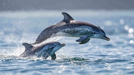 Dolphins leaping playfully in pristine ocean waters, bathed in sunlight