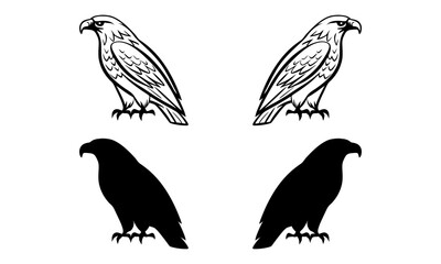 Simple black and white drawing of 4 stylized bird silhouettes—2 on top facing left (rounded & angular), 2 on bottom facing right (rounded & angular) minimalist, no shading or detail.