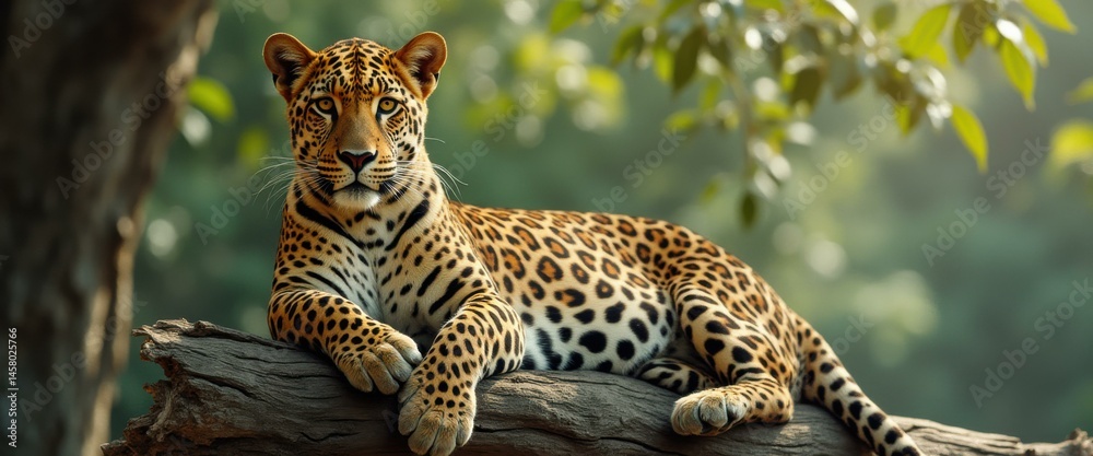 Poster A leopard rests on a fallen log amidst dappled sunlight, displaying its vibrant spots and captivating gaze