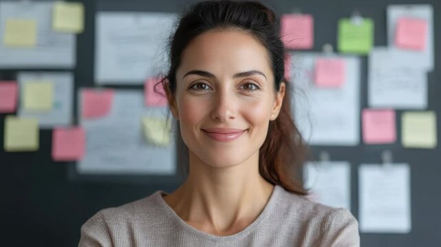 Smiling woman in creative workspace surrounded by colorful notes and documents for organization