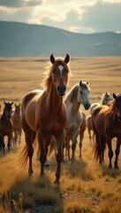 Obraz premium Herd of Wild Horses Grazing in a Golden Meadow with Rolling Hills in the Background