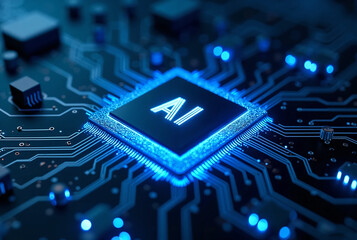 Close-Up of a Computer Chip with AI Letters Illuminated in Blue, Surrounded by Circuitry and Electronic Components, Representing Advanced Artificial Intelligence Technology
