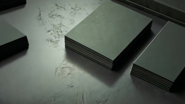 Dark green business cards stacked