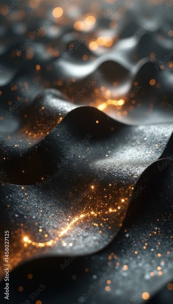 Poster Textured black undulating surface with sparkling golden lights and highlights creating a luxurious and dynamic abstract background