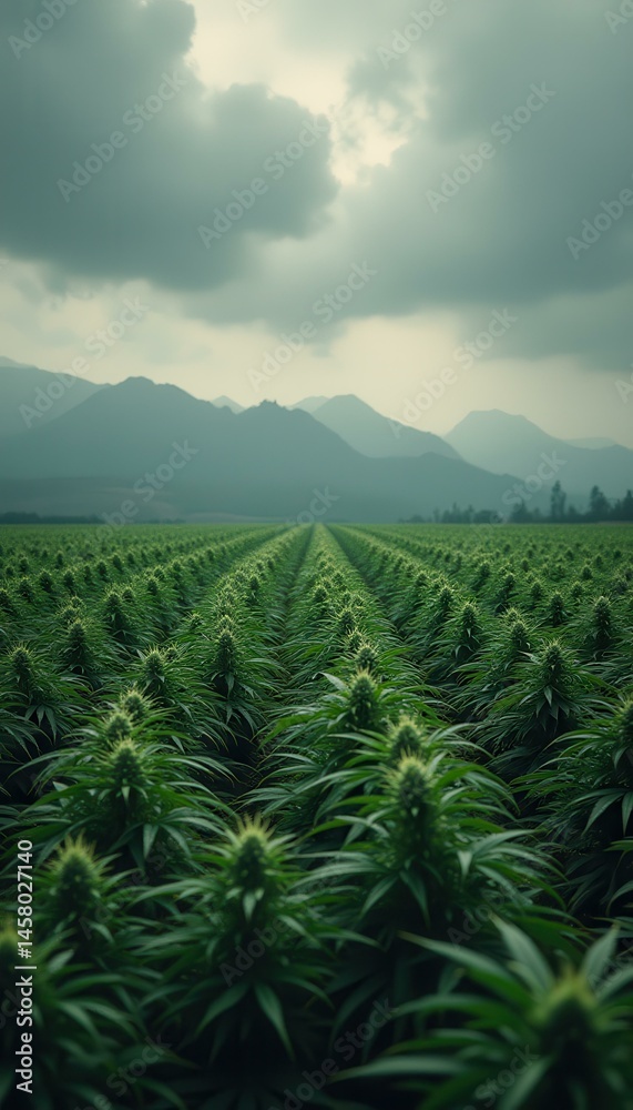 Poster extensive field of maturing plants with mountain backdrop under cloudy sky