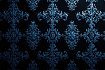 Symmetrical swirling damask pattern in deep blue and silver on black background , graphic, black