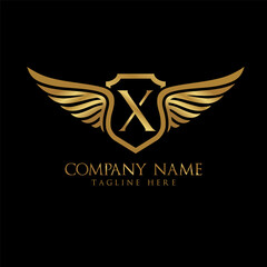 wing and shield letter X Gold color, Victory logo, wing logo, vector logo template