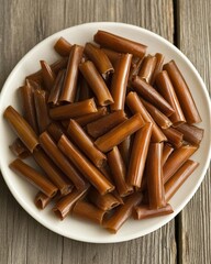 Lotus rootlets on white plate on wooden table, a traditional Asian cuisine ingredient close up