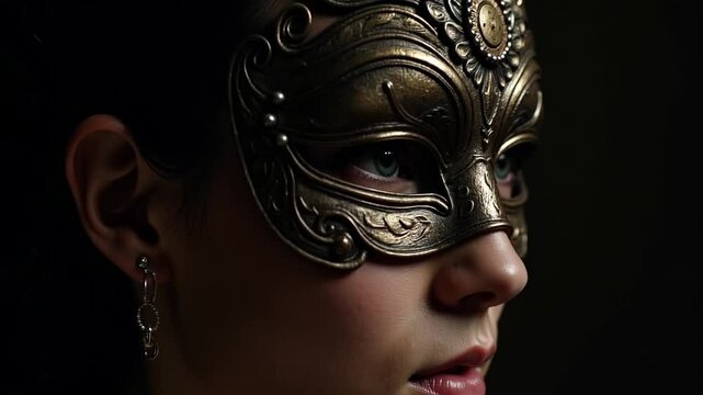 Mysterious woman wearing an ornate mask in dramatic lighting  