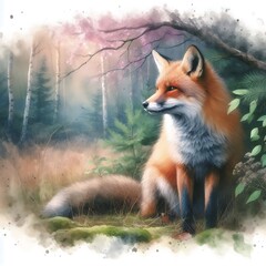 Artistic Wild Fox Painting in a Woodland Environment with Textured Fur and Nature Elements in Soft Colors