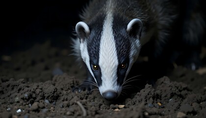 A badger with black and white stripes. glowing eyes, macro, close-up, aggressive, focused, hunting, night, dark, perched, cliff, top view, black lighting, solid black background, realistic, detailed, 