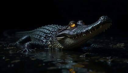 Fototapeta premium a (Crocodile), yellow glowing eyes, macro, Primordial, highly focused, in the dark night, lurking in dark water in a hunting position, 