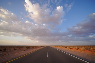 Naklejka premium Asphalt desert highway road. scenic route under cloudy sky landscape view