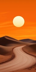 Serene desert landscape with winding sand road under a glowing sunset and vibrant orange sky perfect for scenic mobile wallpaper design