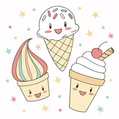 Kawaii Ice Cream Set &ndash; Cute Cartoon Ice Creams with Faces 