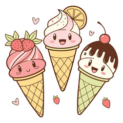Kawaii Ice Cream Set &ndash; Cute Cartoon Ice Creams with Faces 