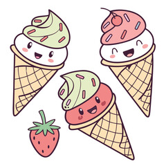 Kawaii Ice Cream Set &ndash; Cute Cartoon Ice Creams with Faces 