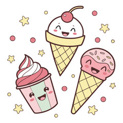 Kawaii Ice Cream Set &ndash; Cute Cartoon Ice Creams with Faces 
