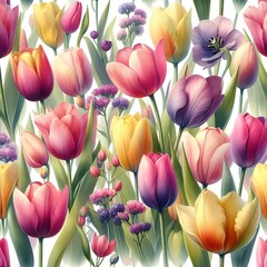 Fototapeta premium Repeating botanical illustration of colorful tulip flowers with green leaves, creating a lively spring garden effect for wrapping paper or home‑decor surfaces.