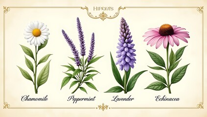 A detailed botanical illustration of common medicinal herbs such as chamomile, mint, lavender, and echinacea, labeled and arranged on a soft beige background