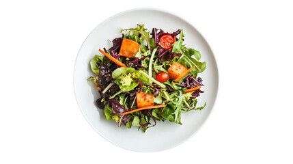 Vibrant mix of fresh greens, tomatoes, and carrots on a white plate, presented in a high-angle view.