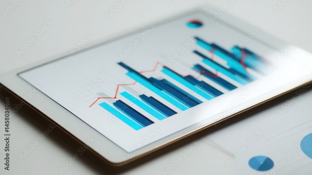 Poster a tablet displaying a graph representing macro-trend finance chart for teams in a modern collaborati