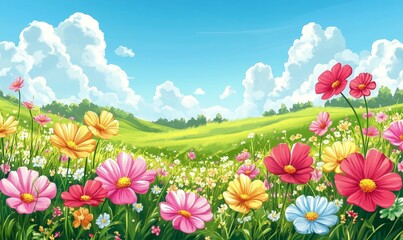 Fototapeta premium Breezy Meadow with Colorful Flowers, Generative AI