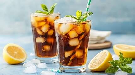 Fototapeta premium Iced tea refreshment with lemon wedges and mint garnish, vibrant still life