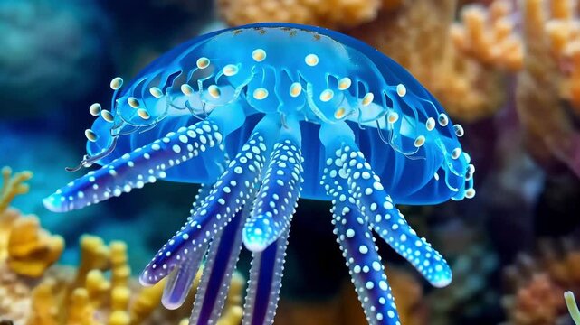 Captivating macro video showcasing the intricate details of a blue button jellyfish (porpita porpita) as it gracefully floats in the ocean, revealing its vibrant colors and delicate structure.