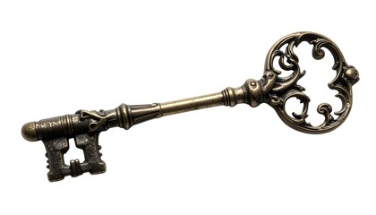 Antique skeleton key featuring ornate vine-shaped bow, vintage design isolated on white background