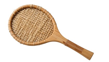 Handwoven bamboo fly swatter with natural fibers, traditional insect control tool isolated on white background