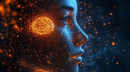 Glowing Digital Particles Forming a Woman's Face