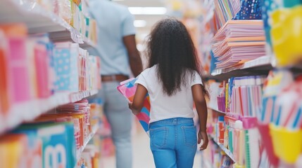 Young african female child shopping for school supplies in store aisle