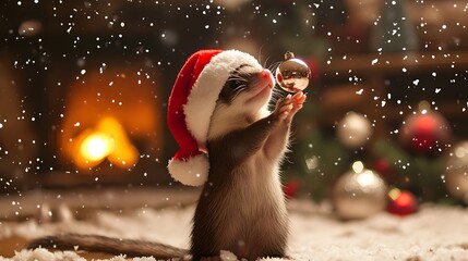 Festive rodent in santa hat holding christmas ornament.