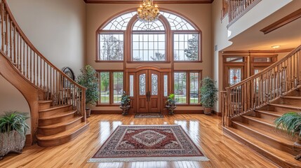 Grand entryway with wooden staircase and large windows