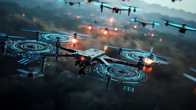 Drone Swarm in Action: A futuristic scene unfolds as a multitude of advanced drones soar through the sky.