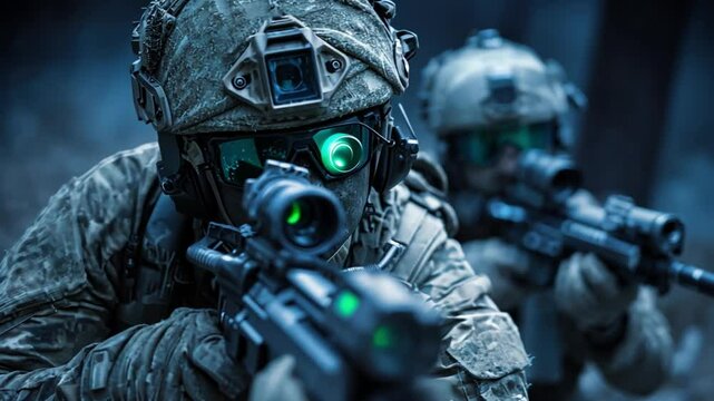 Night Vision Guardians: Shadowed figures of the elite military force in tactical gear and advanced night vision goggles, ready for a clandestine mission in a low-light environment.