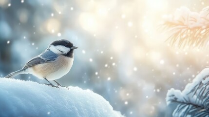 Obraz premium A black-capped chickadee sits in snow, bokeh lights creating a magical feel. Ideal for winter holiday cards, seasonal greetings, or nature themes.