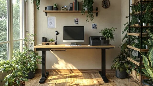 Modern, sun-drenched workspace with plants