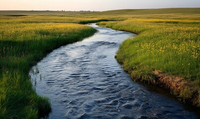 Naklejka premium Flowing Stream Through a Meadow, Generative AI