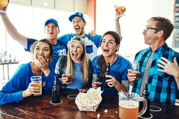 Sports, fans and happy people in pub with solidarity, tv and beer at broadcast of world cup together. Baseball, games and group of excited friends in bar for watch party, drinks and team support