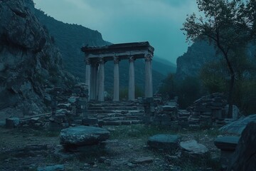 Ancient Temple Ruins in a Mountainous Landscape under a Misty Sky at Dusk or Dawn