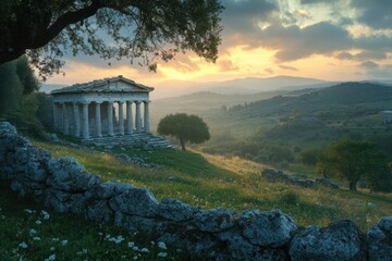 Ancient Temple Ruins at Sunset Over Rolling Hills Landscape in Greece or Italy