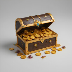 A chest of gold coins, some nestled within, others scattered like jewels around its edges, hinting at untold riches.