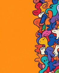 Fototapeta premium Colorful abstract doodles on orange background, showcasing vibrant and playful artistic design.