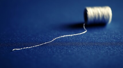 Minimalist Sewing Still Life: Spool of Thread on Dark Blue Surface